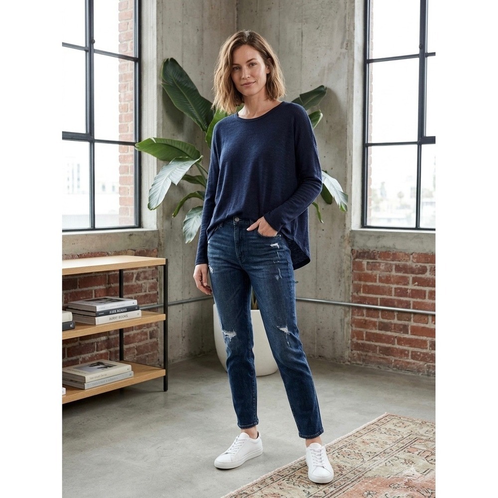 Rag & Bone Navy Blue Long Sleeve High Low Slub Knit Top Crew Neck Size M